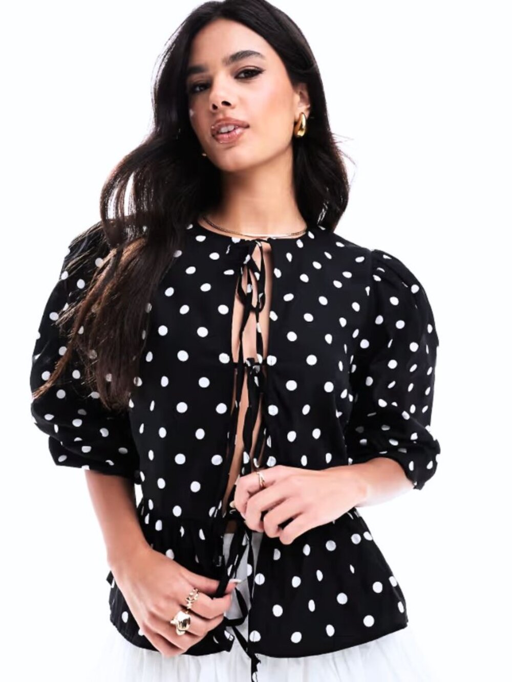 POLKA DOT TIE FRONT PEPLUM BLOUSE COTTAGE CORE TOP SIZE SMALL